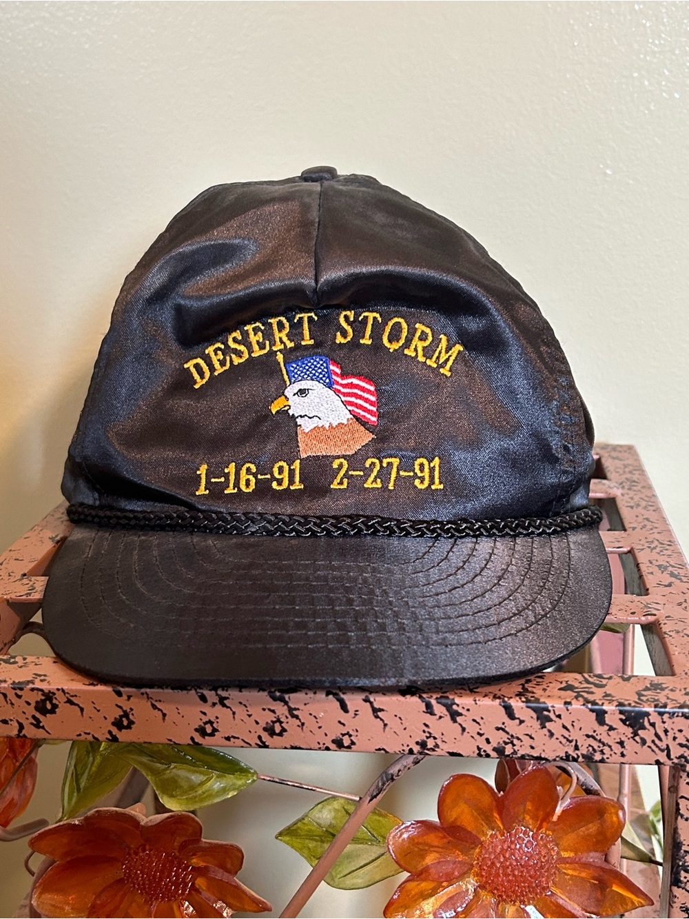 Vintage 90s Operation Desert Storm Satin Hat Rope Brim Otto Cap Strapback Black